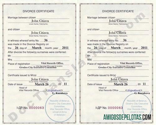 Certidão de divórcio do Escritório de Registros Vitais da Bielorrússia amostra